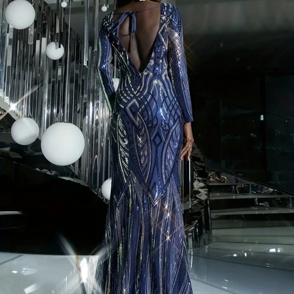 Sophisticated Long Sleeve High Neckline Sequin Formal Gown - Picture 5 of 13